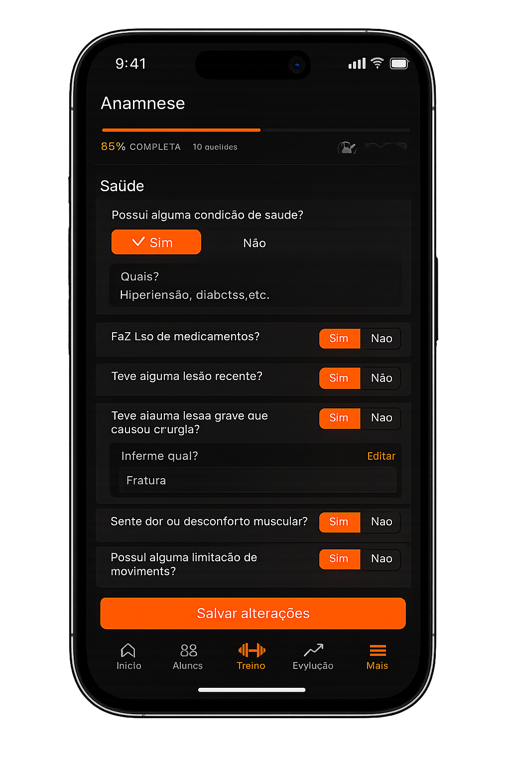 Tela do aplicativo MasterLev com treino do aluno